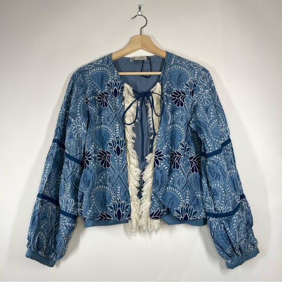 Zara Blue Embroidered Open Front Fringe Jacket Size S Whimsical Artsy Festival - Picture 1 of 16
